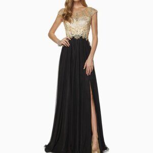 Black Gold Beaded Formal Dress Gown